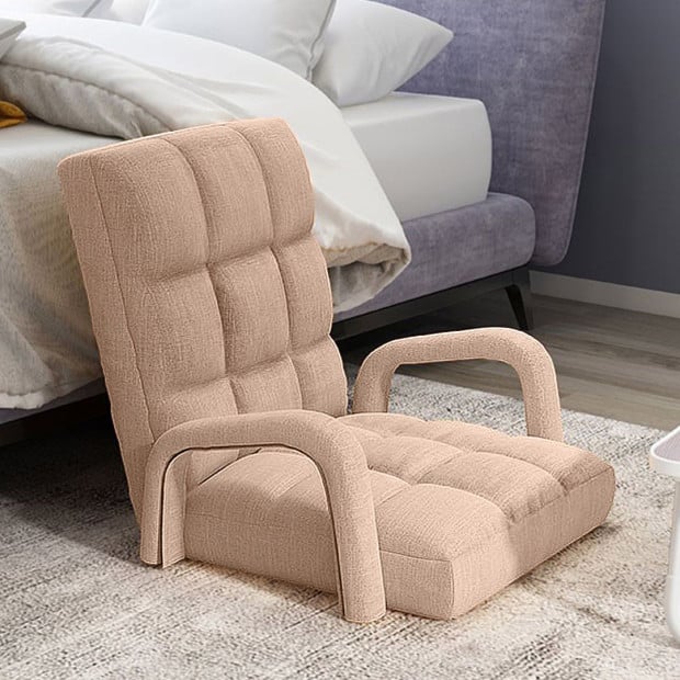 Foldable Lounge Cushion Adjustable Floor Armrest Recliner Chair Khaki Image 5