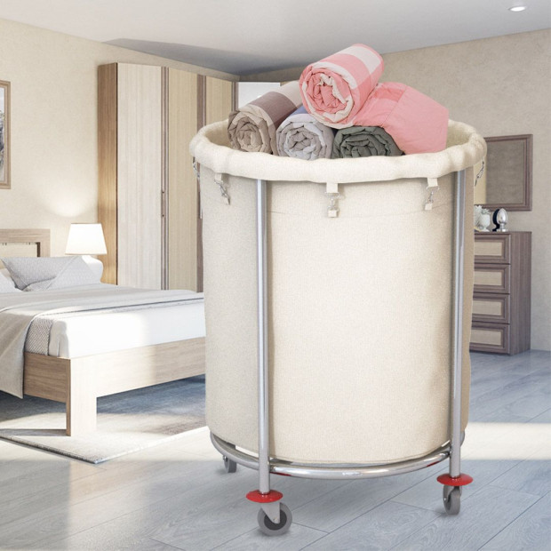 Stainless Steel Round Linen Laundry Trolley Cart with Wheels White Image 5
