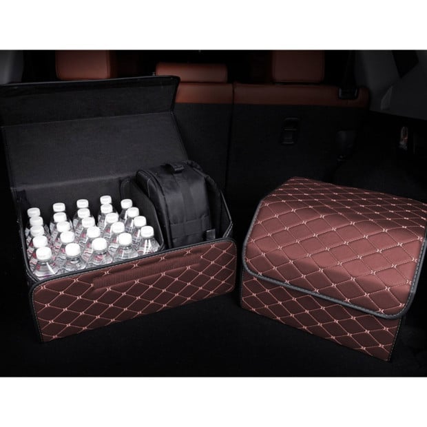 Car Boot Cargo Organizer Portable Trunk Box Coffee/Gold Stitch Medium Image 5