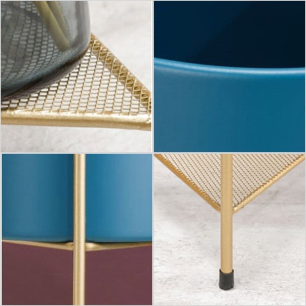 2 Layer 81cm Gold Metal Plant Stand with Blue Flower Pot Corner Rack Image 6