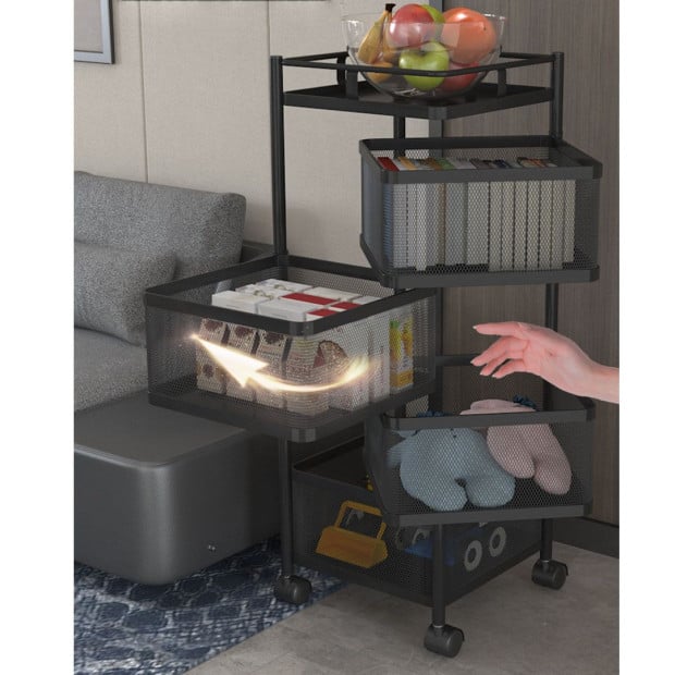 4 Tier Steel Square Rotating Kitchen Cart Shelves with Wheels - Grey Image 6