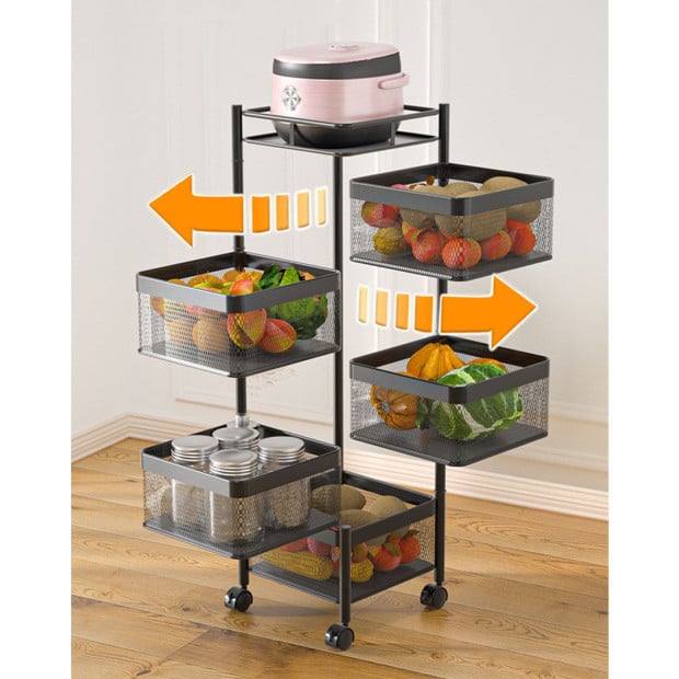 5 Tier Steel Square Rotating Kitchen Cart Shelves with Wheels - Grey Image 6