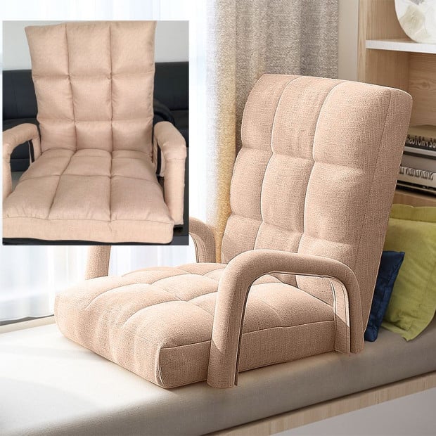 Foldable Lounge Cushion Adjustable Floor Armrest Recliner Chair Khaki Image 6