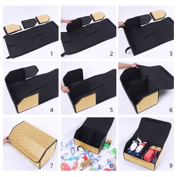 Car Boot Foldable Trunk Cargo Organizer Storage Box Beige/Gold Small Image 6