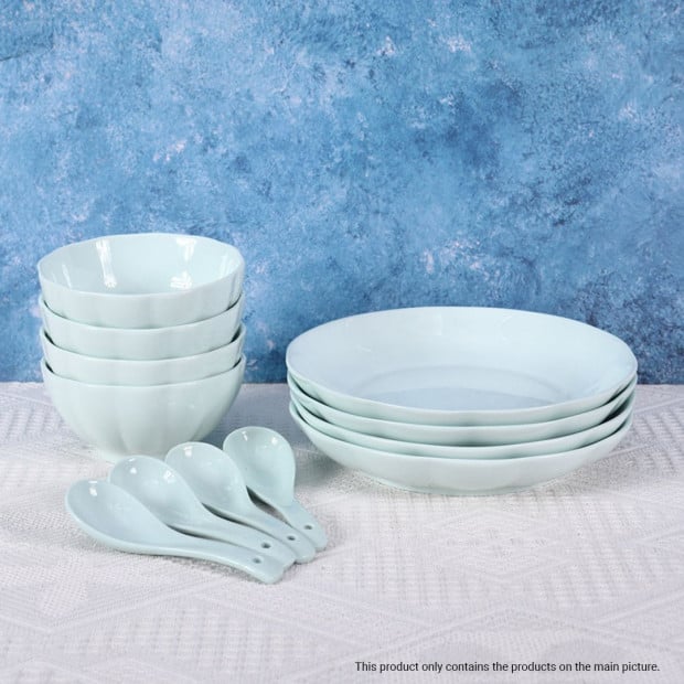 Light Blue Ceramic Dinnerware Crockery Soup Bowl Plate Set of 4 Image 7