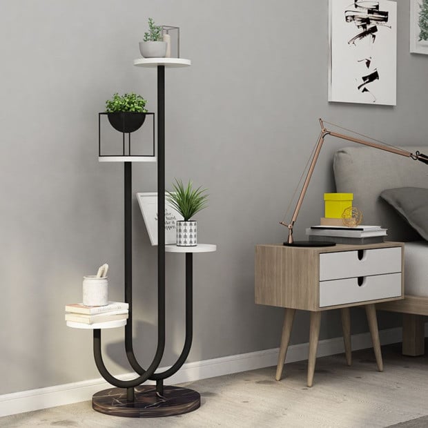 U Shaped Plant Stand Round Flower Pot Tray Black Metal Shelf Image 7