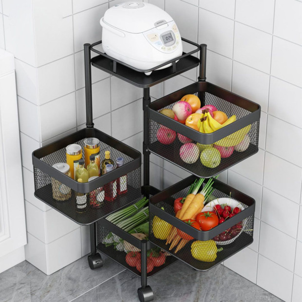 4 Tier Steel Square Rotating Kitchen Cart Shelves with Wheels - Grey Image 7