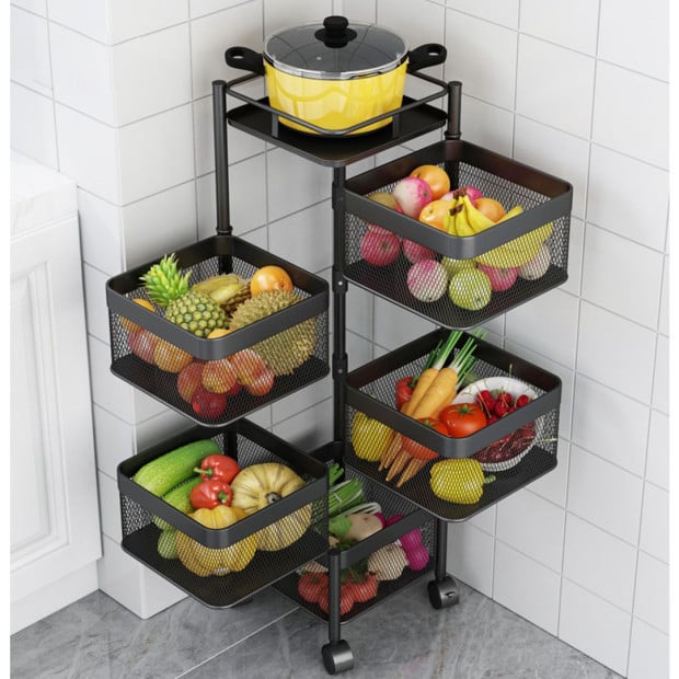5 Tier Steel Square Rotating Kitchen Cart Shelves with Wheels - Grey Image 7