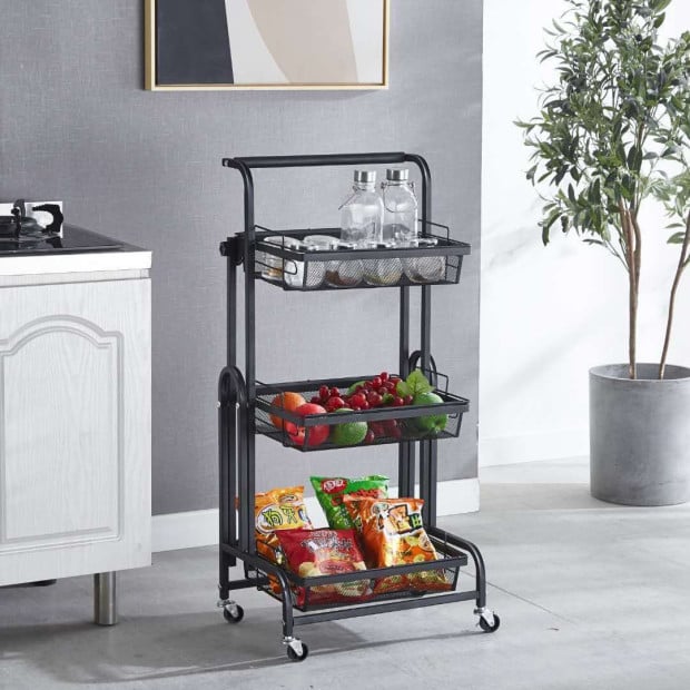 3 Tier Steel Black Adjustable Kitchen Cart Multi-Functional w/ Wheels Image 7
