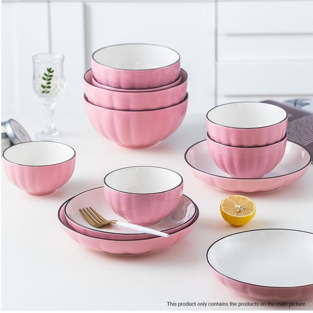 Pink Ceramic Dinnerware Crockery Soup Bowl Plate Server Set of 4 Image 7