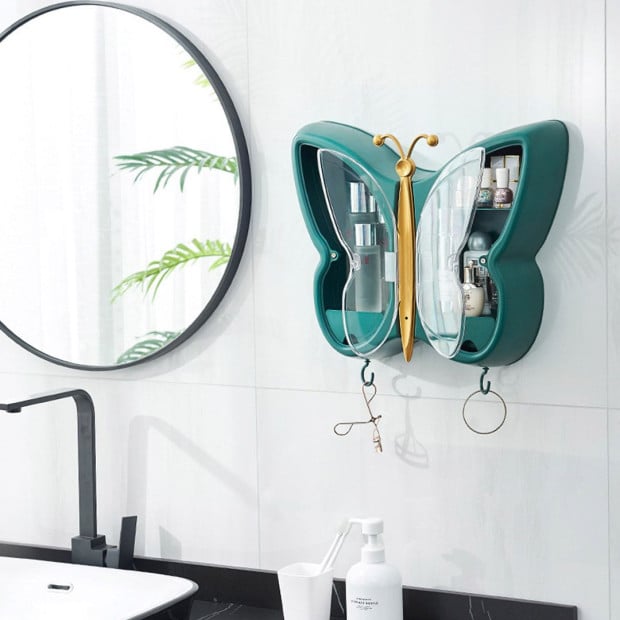 Green Butterfly Wall-Mounted Makeup Organiser Dustproof Storage Box Image 9