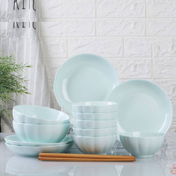 Light Blue Ceramic Dinnerware Crockery Soup Bowl Plate Set of 4 Image 9
