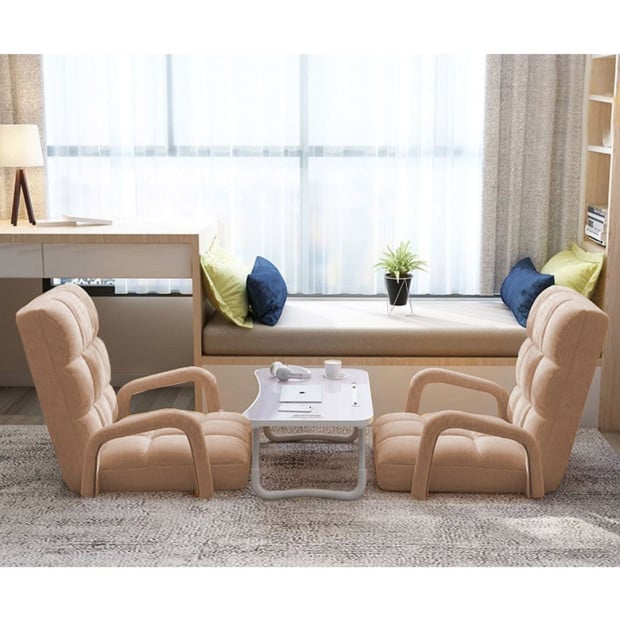 Foldable Lounge Cushion Adjustable Floor Armrest Recliner Chair Khaki Image 9