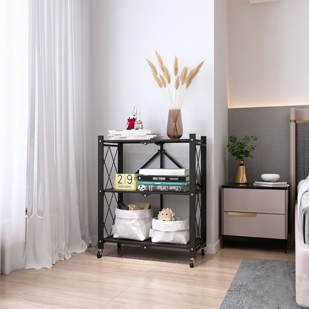 3 Tier Steel Black Foldable Kitchen Cart Storage Shelves Rack Image 10
