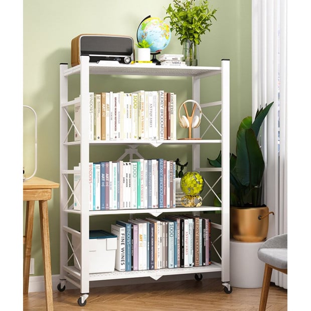 4 Tier Steel White Foldable Shelves Portable Storage with Wheels Image 10