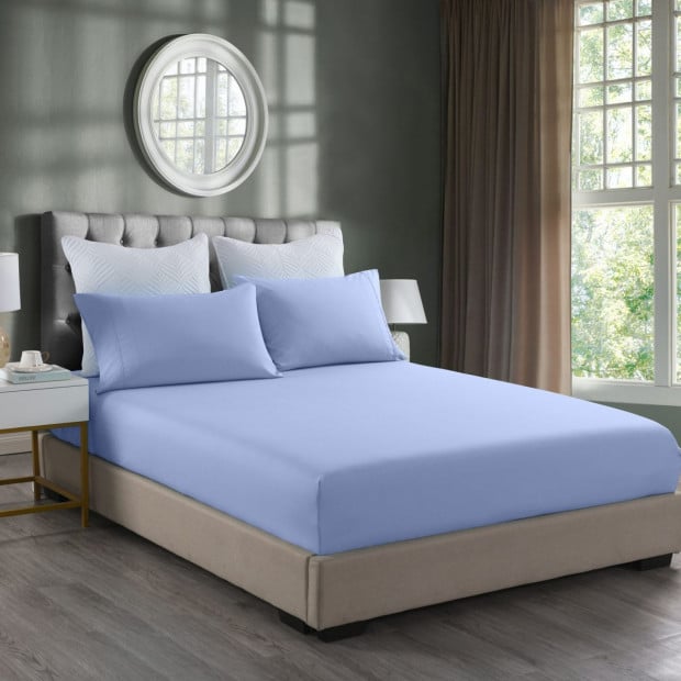 2000TC 3 Piece Fitted Sheet Pillowcase Set Bamboo Double Light Blue