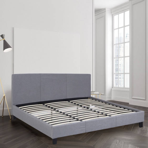 Luxury Bed Frame Solid Wood Padded Linen Fabric - King - Grey Image 2