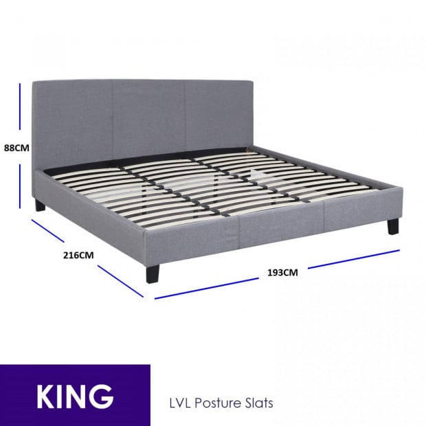 Luxury Bed Frame Solid Wood Padded Linen Fabric - King - Grey Image 4