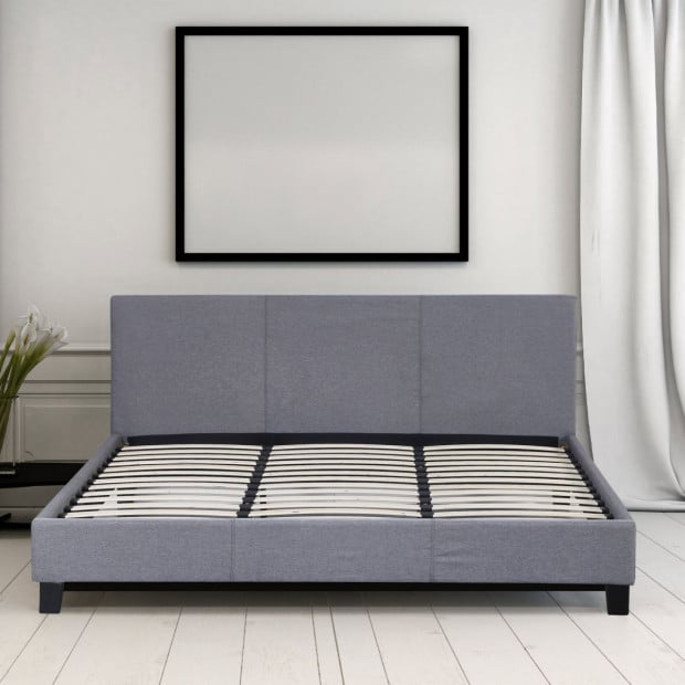 Luxury Bed Frame Solid Wood Padded Linen Fabric - King - Grey Image 5