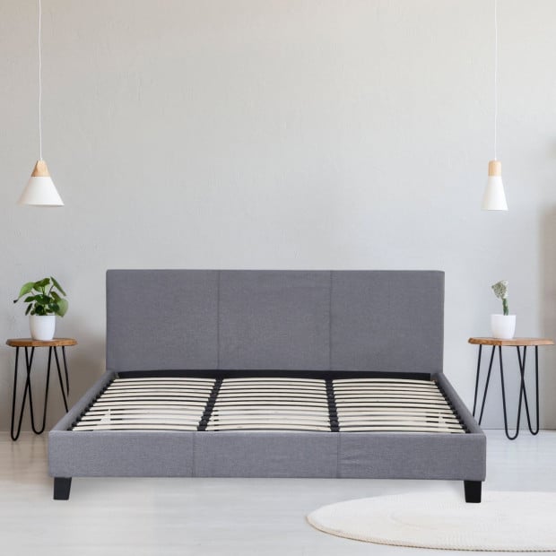 Luxury Bed Frame Solid Wood Padded Linen Fabric - King - Grey Image 6