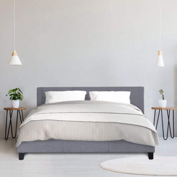 Luxury Bed Frame Solid Wood Padded Linen Fabric - King - Grey Image 7