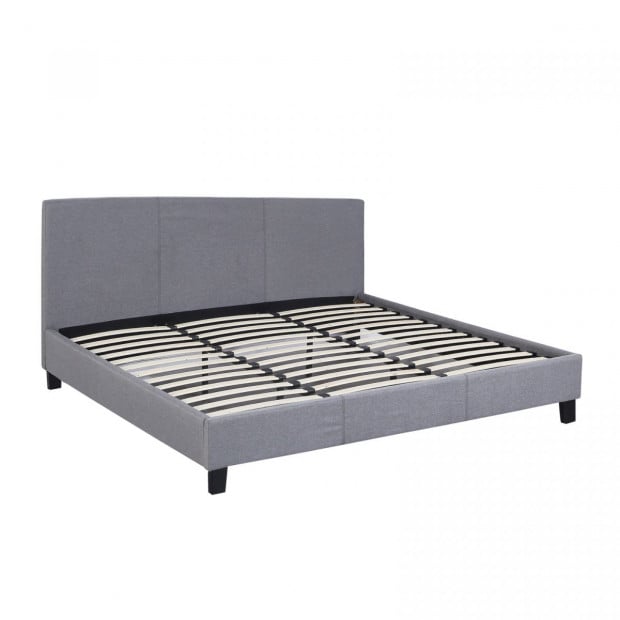 Luxury Bed Frame Solid Wood Padded Linen Fabric - King - Grey Image 8