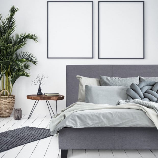 Luxury Bed Frame Solid Wood Padded Linen Fabric - King - Grey Image 9