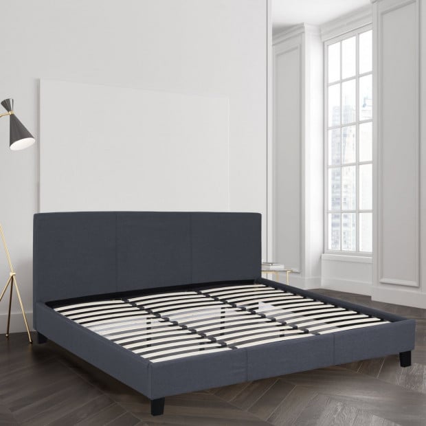 Luxury Bed Frame Base Headboard Solid Wood Linen Fabric Queen Charcoal Image 2