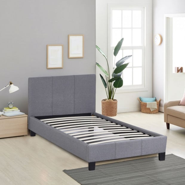 Luxury Bed Frame Base Headboard Wood Padded Linen - Single - Grey Image 2