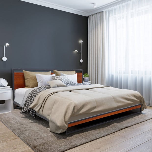 Bed Frame With Headboard Black Wood Steel Platform Bed Queen