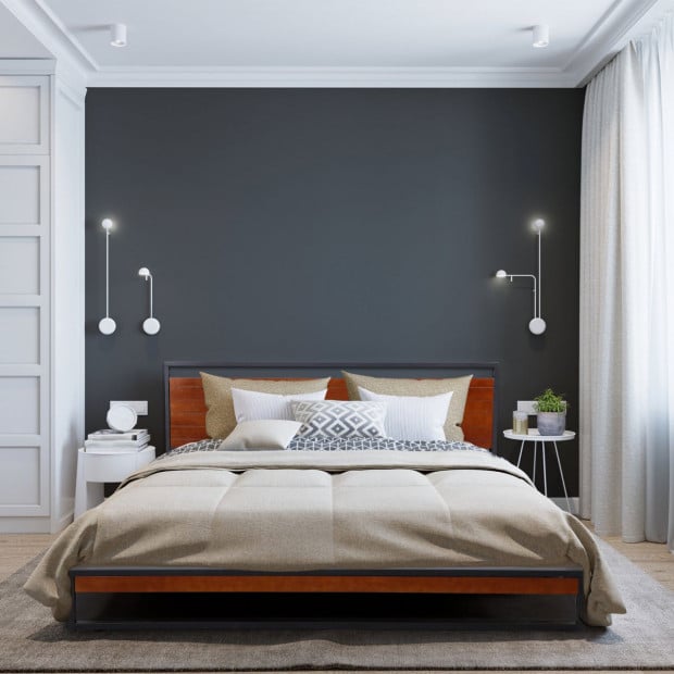 Bed Frame With Headboard Black Wood Steel Platform Bed Queen Image 3