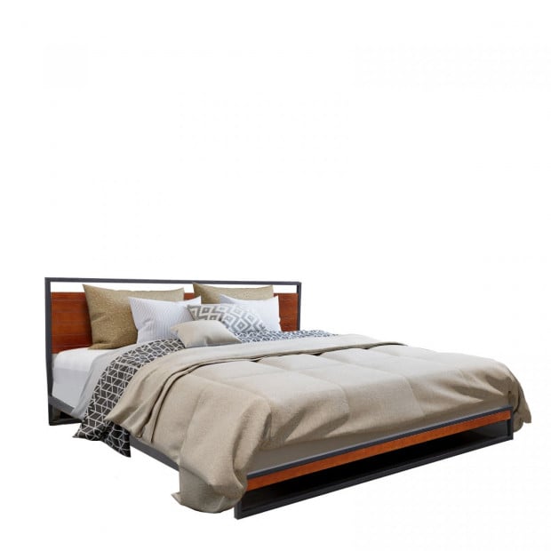 Bed Frame With Headboard Black Wood Steel Platform Bed Queen Image 4