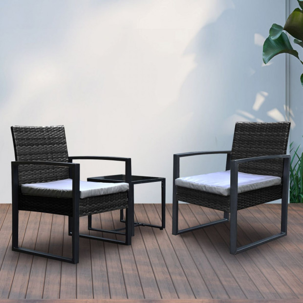 Furniture Outdoor 3 Piece Wicker Rattan Patio Set - Black and Grey Image 8