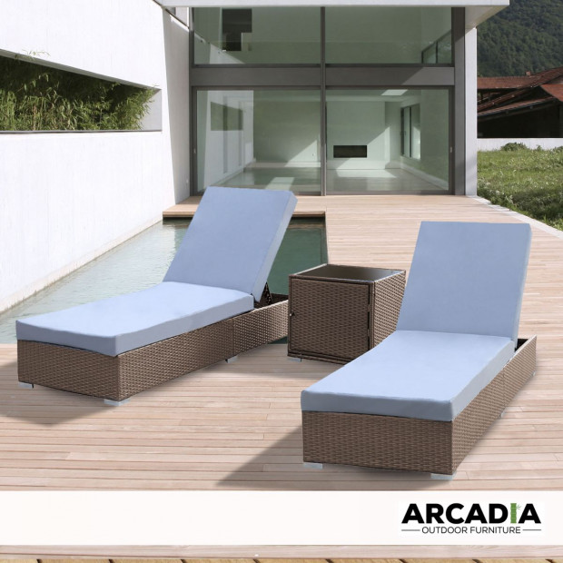 Outdoor Furniture 3pc Sunlounge Set Rattan Garden Bed Lounger Oatmeal Image 3