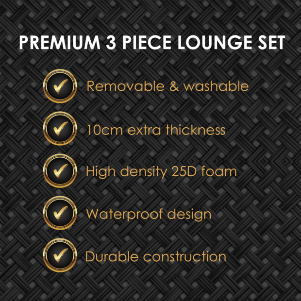 Furniture Outdoor 3 Piece Sunlounge Set Rattan - Black and Grey Image 10