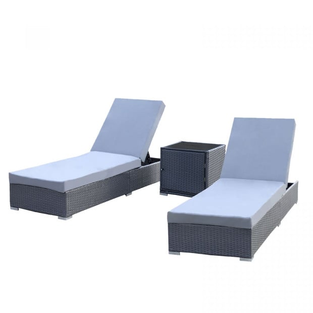 Furniture Outdoor 3 Piece Sunlounge Set Rattan - Black and Grey Image 2