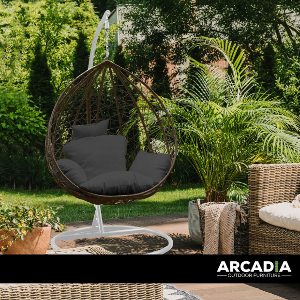 Furniture Rocking Egg Chair Outdoor Wicker Rattan - Oatmeal and Grey Image 3