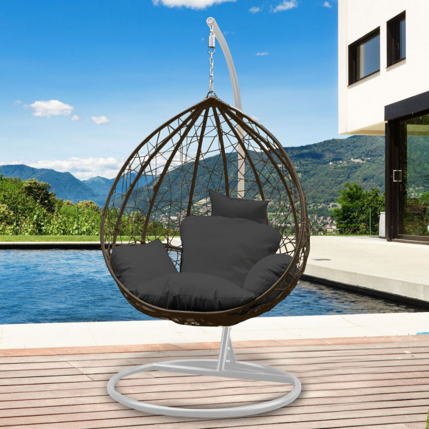 Furniture Rocking Egg Chair Outdoor Wicker Rattan - Oatmeal and Grey Image 8
