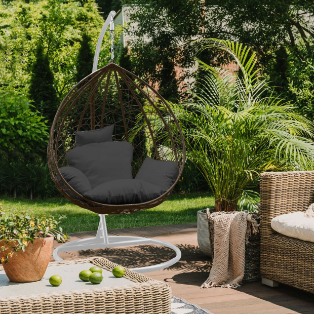 Furniture Rocking Egg Chair Outdoor Wicker Rattan - Oatmeal and Grey Image 9