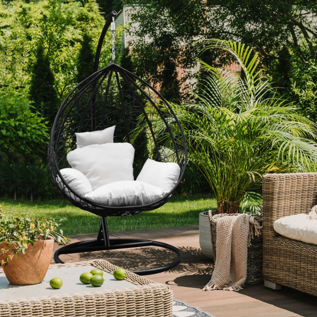 Furniture Rocking Egg Chair Outdoor Wicker Rattan - Black and Cream Image 10