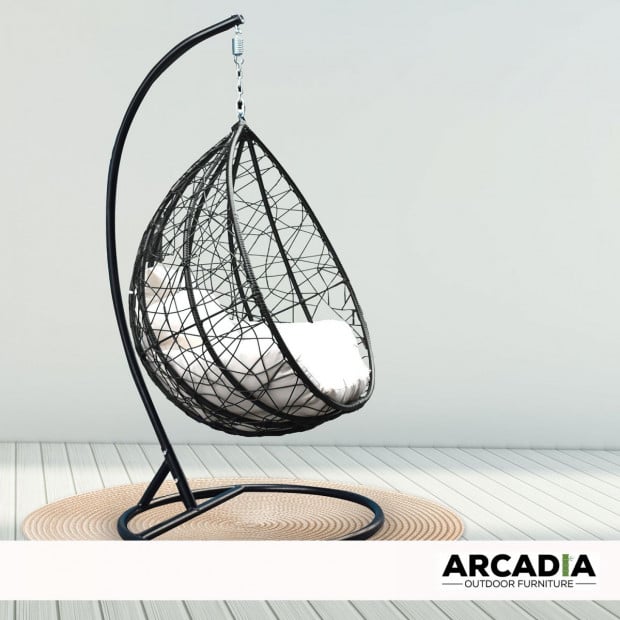 Furniture Rocking Egg Chair Outdoor Wicker Rattan - Black and Cream Image 2