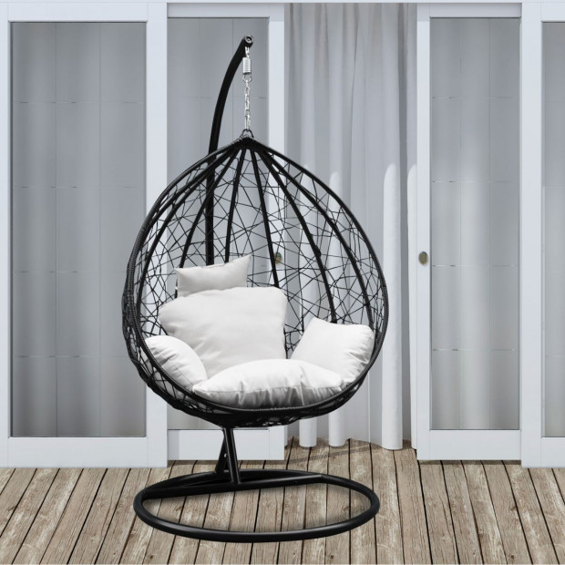 Furniture Rocking Egg Chair Outdoor Wicker Rattan - Black and Cream Image 4
