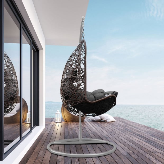 Furniture Hanging Basket Egg Chair Outdoor Wicker  Oatmeal and Grey Image 3