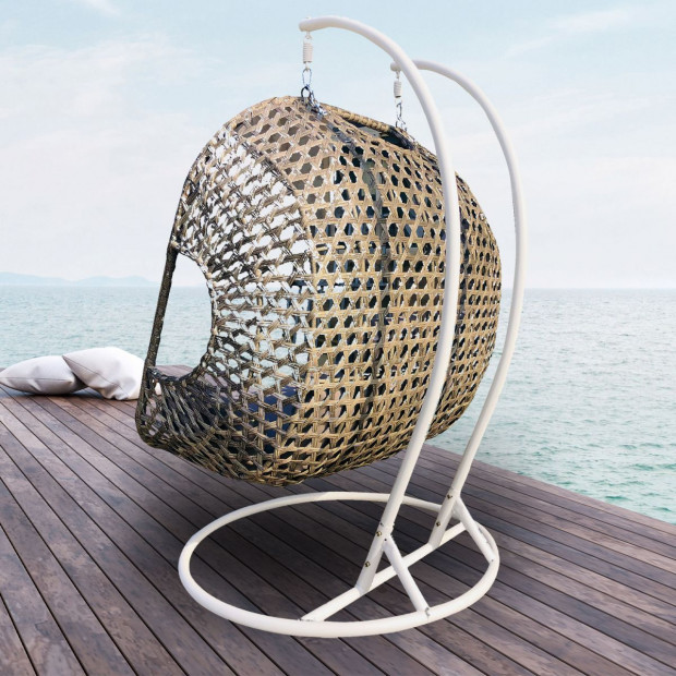 Furniture 2 Seater Rocking Egg Chair Outdoor Wicker - Oatmeal and Grey Image 9