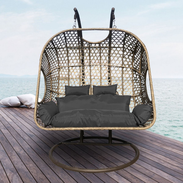2 Seater Rocking Egg Chair Outdoor Wicker Rattan Patio Brown and Grey Image 10