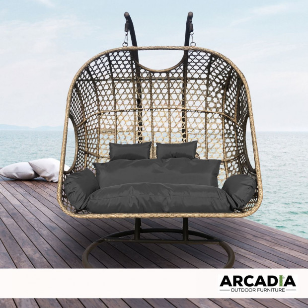 2 Seater Rocking Egg Chair Outdoor Wicker Rattan Patio Brown and Grey Image 3