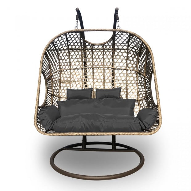 2 Seater Rocking Egg Chair Outdoor Wicker Rattan Patio Brown and Grey