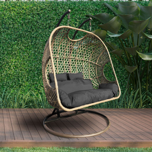 2 Seater Rocking Egg Chair Outdoor Wicker Rattan Patio Brown and Grey Image 9