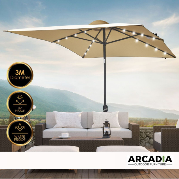 Arcadia Umbrella 3m Umbrella w/ Solar LED Lights Garden Yard - Beige Image 9