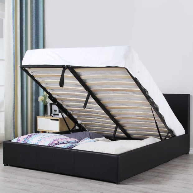 Luxury Gas Lift Bed Frame And Headboard Queen - Black